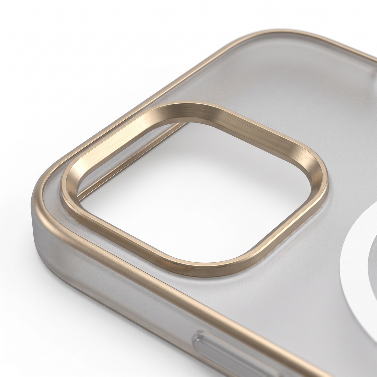 Close-up of the gold-tone camera guard