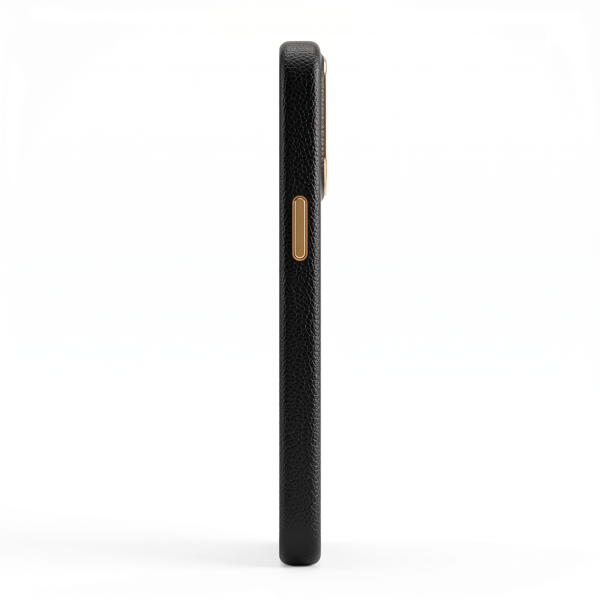 Pebbled black case, side profile with gold-tone buttons