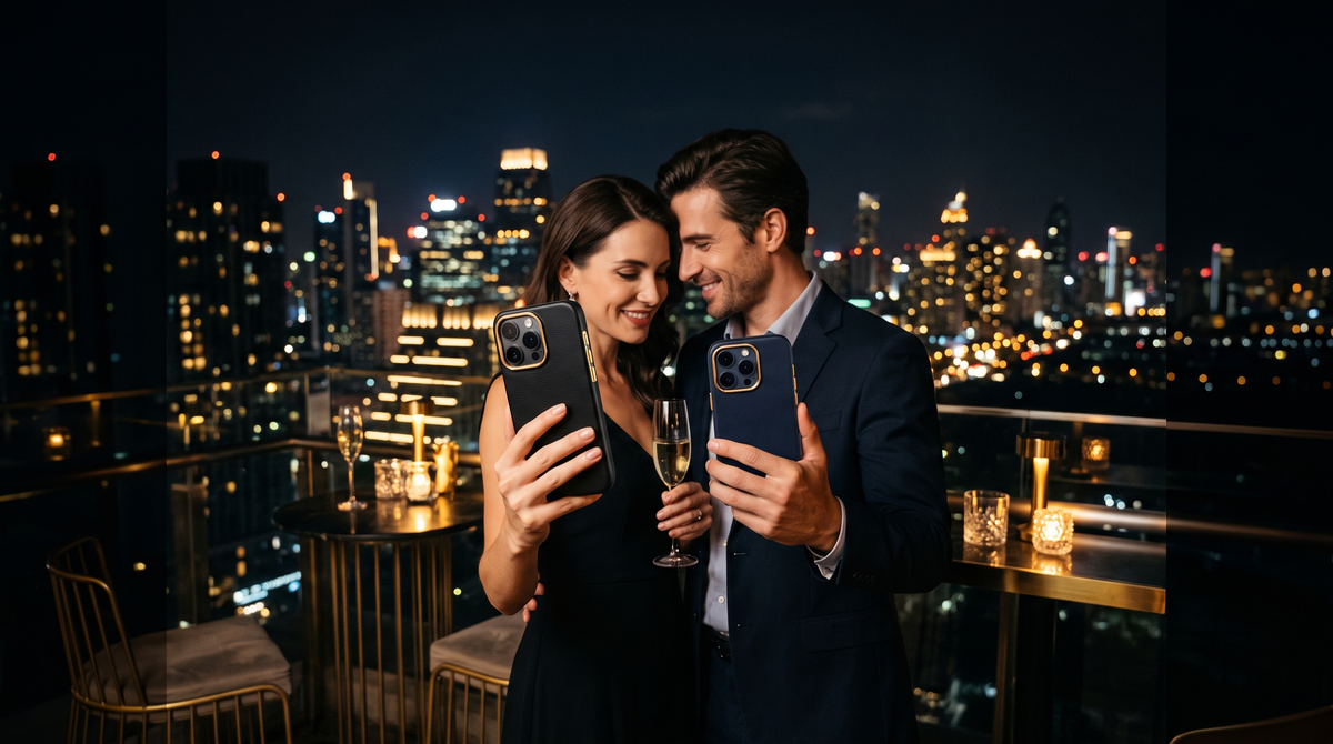 Couple holding smartphones in luxury BelcourCase phone cases on a penthouse terrace at night