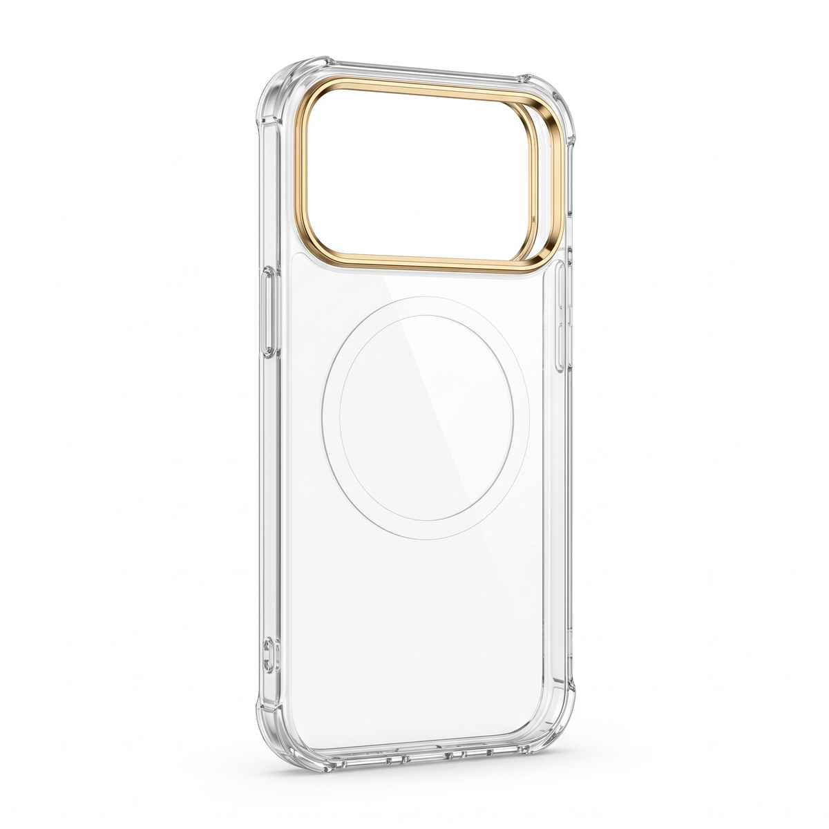Clear magnetic case with gold-tone camera ring, three-quarter back view