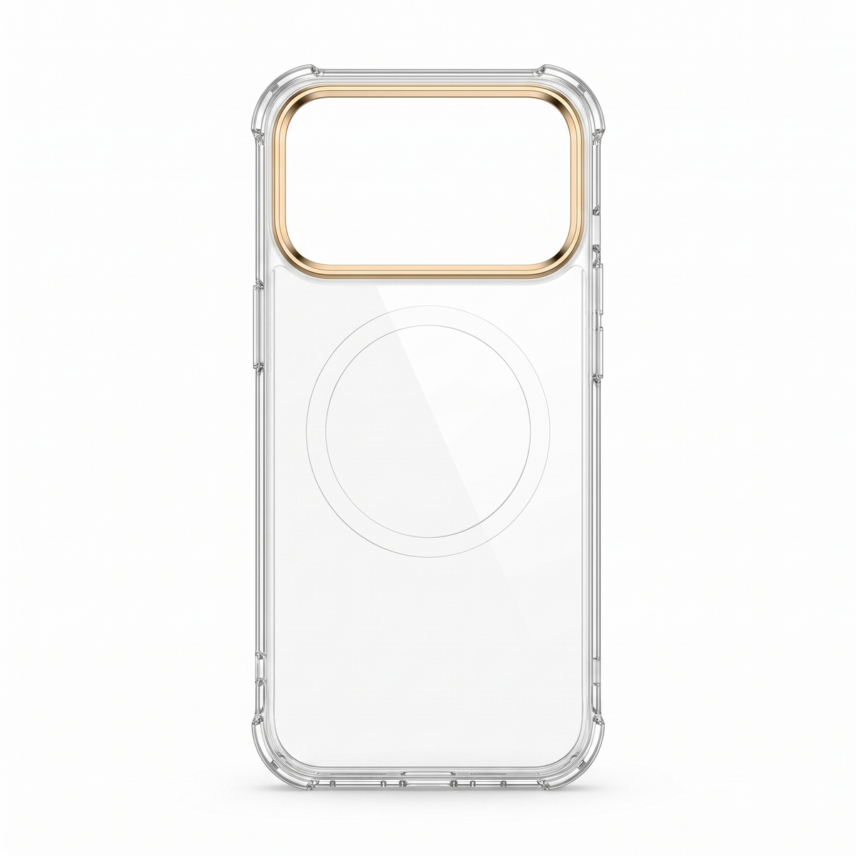 Clear magnetic case with gold-tone camera ring, back view