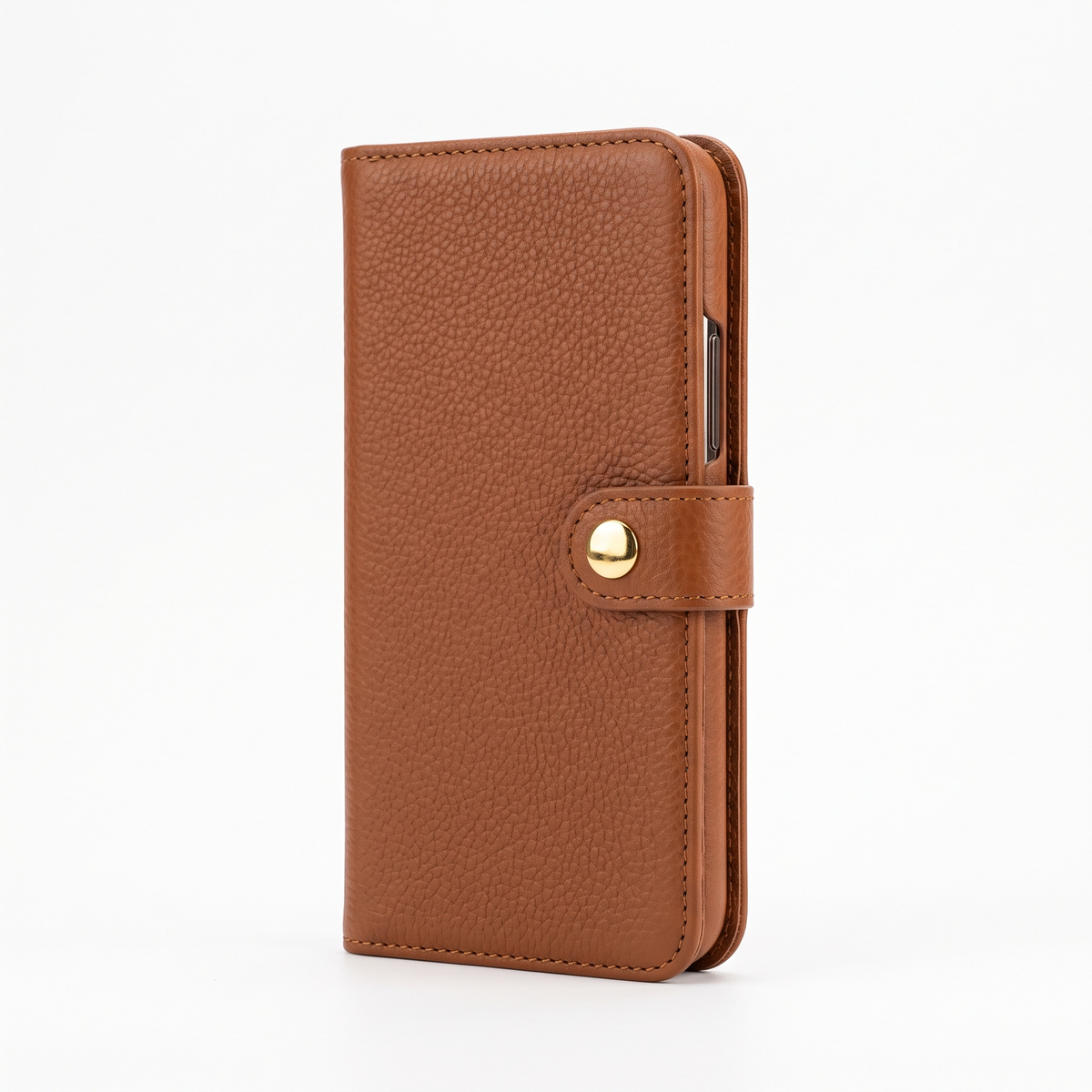Cognac folio wallet case with gold-tone snap, closed