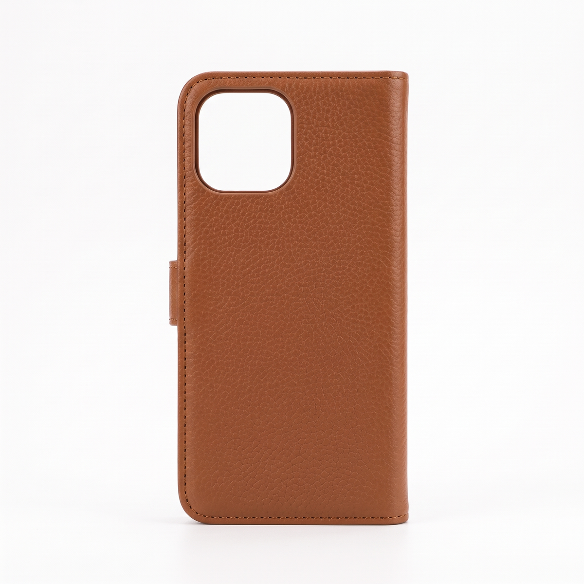 Cognac folio wallet case, back view with camera cutout