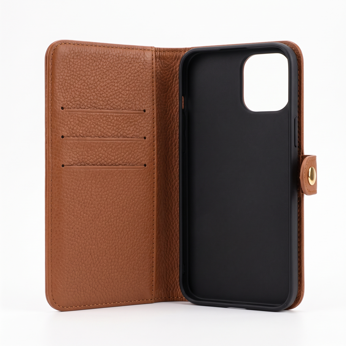 Cognac folio wallet case opened, showing card slots and cash pocket