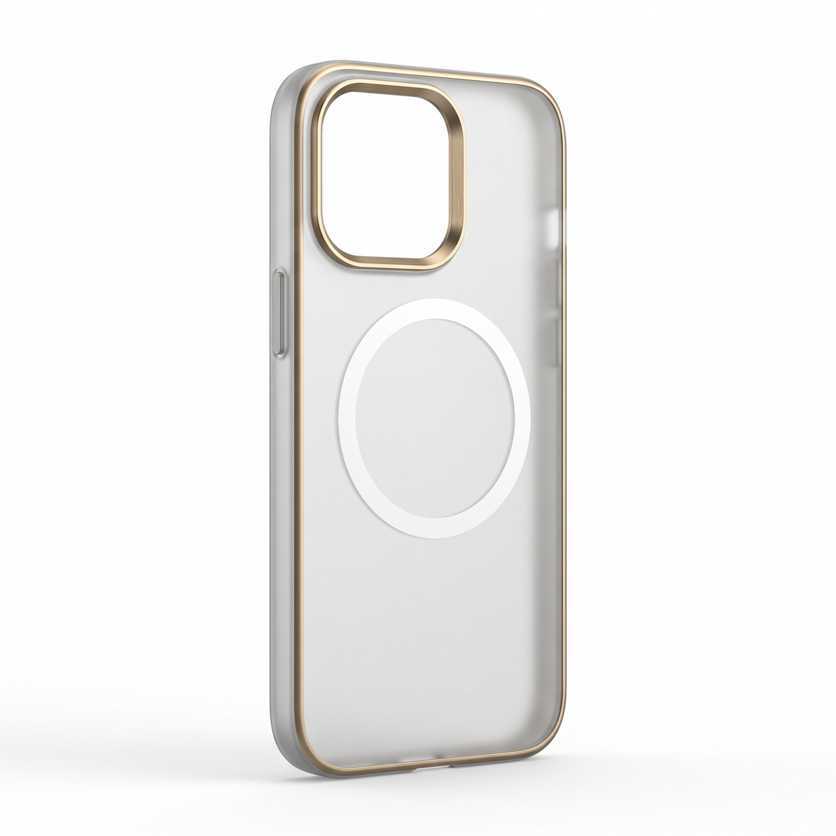 Frosted magnetic case with gold-tone frame, three-quarter back view