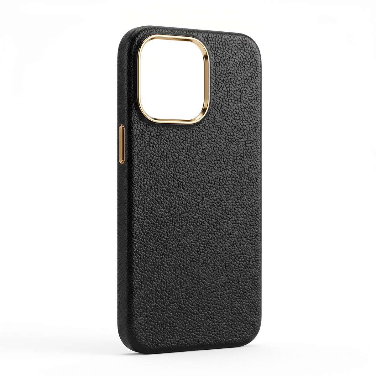 Pebbled black case with gold-tone camera frame, three-quarter back view