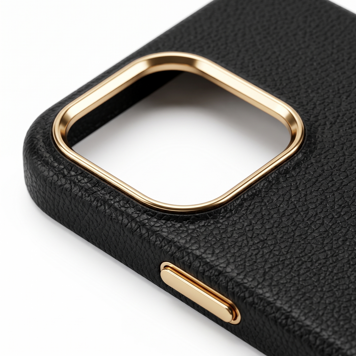 Close-up of the gold-tone camera frame and pebbled texture