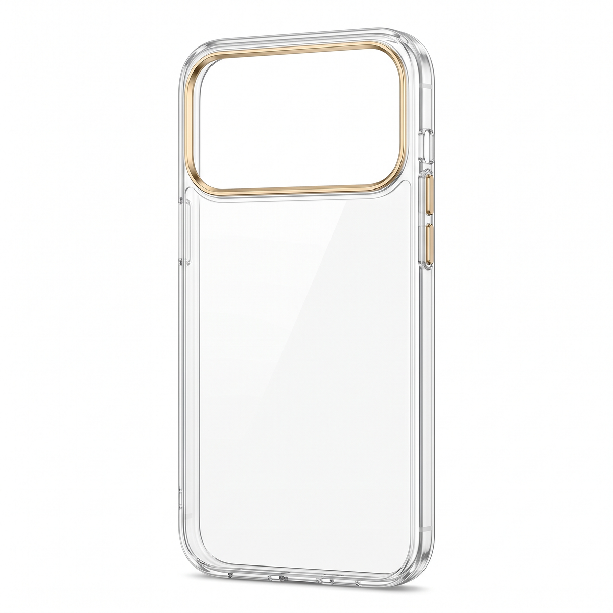Ultra-slim clear case with gold-tone camera border, three-quarter back view