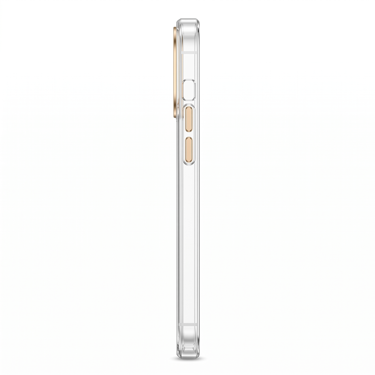 Ultra-slim clear case, side profile with gold-tone buttons