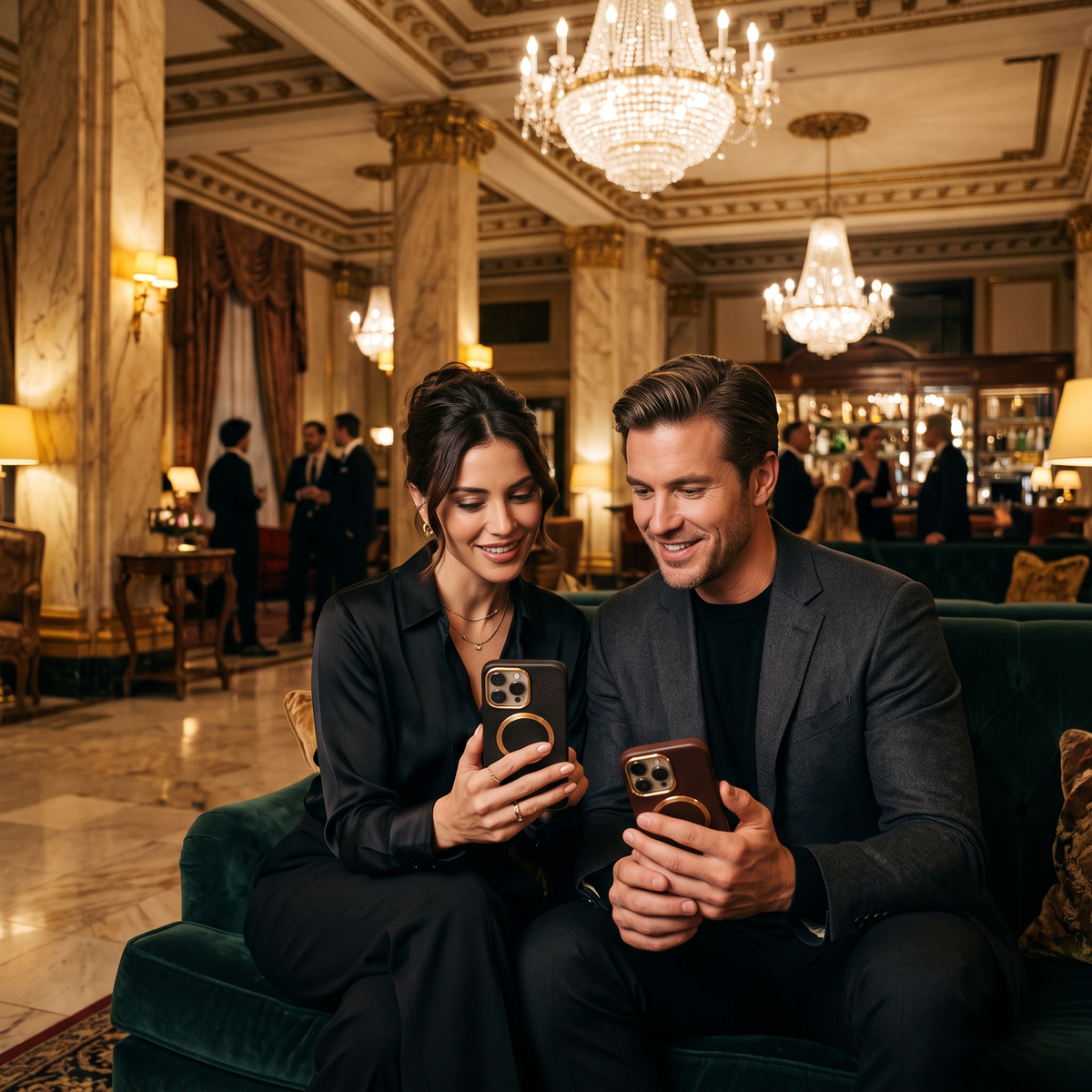 Couple in a luxury hotel lounge looking at smartphones in premium cases
